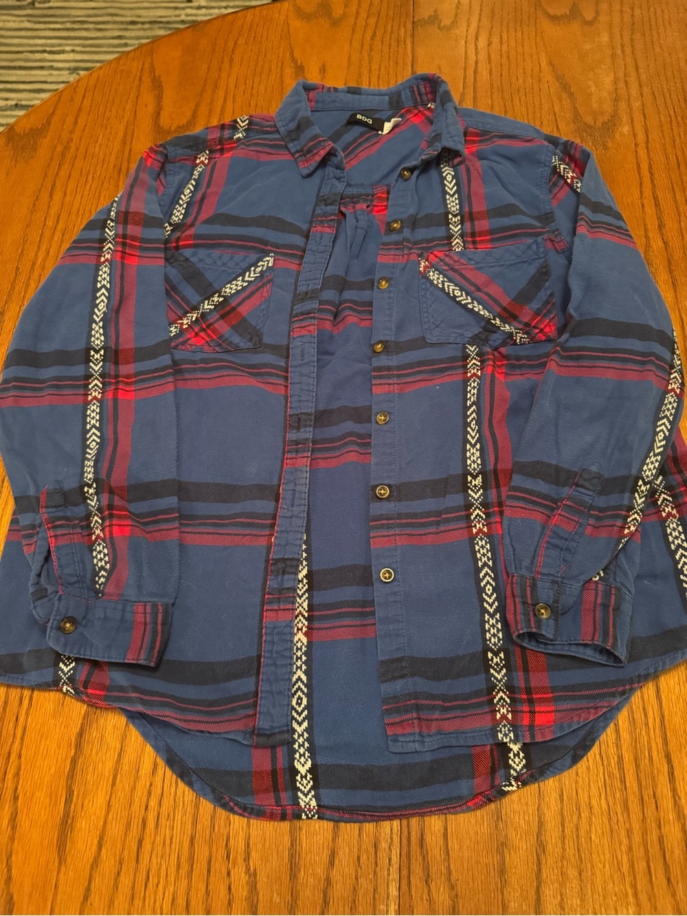 BDG Navy Plaid Button-Down Shirt with Red Stripes